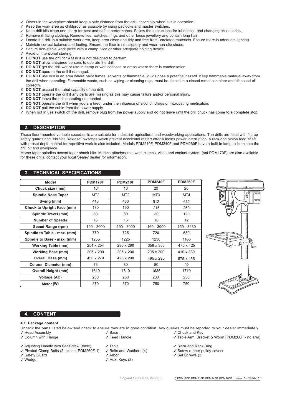 Technical specifications 2. description, Content | Sealey PDM170F User Manual | Page 2 / 4