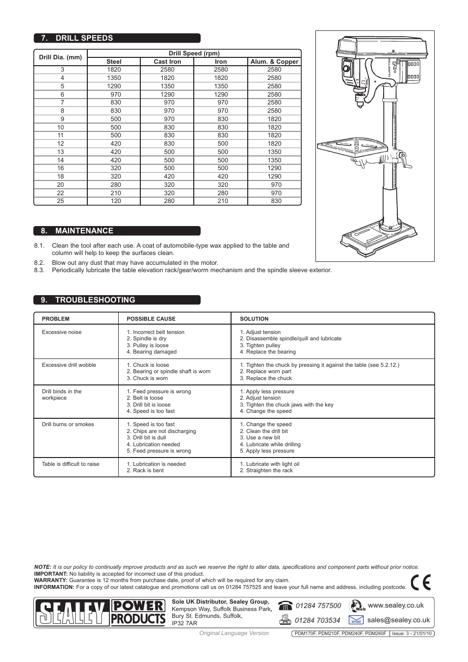 Troubleshooting, Maintenance 7. drill speeds | Sealey PDM170F User Manual | Page 4 / 4