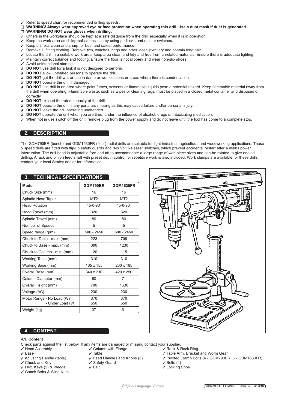 Technical specifications 2. description, Content | Sealey GDM1630FR User Manual | Page 2 / 5