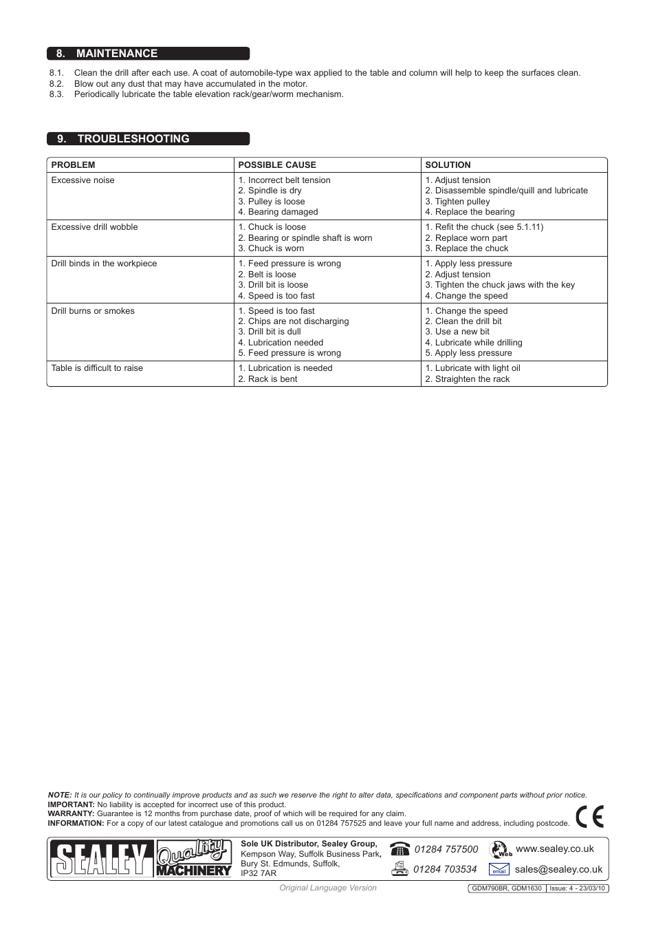 Troubleshooting, Maintenance | Sealey GDM1630FR User Manual | Page 5 / 5