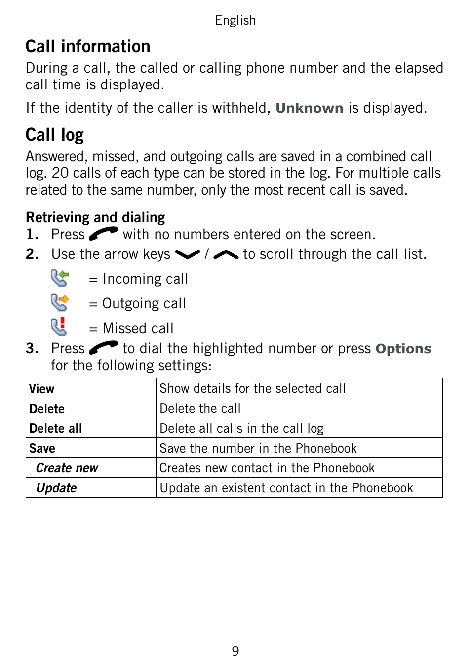 Call information, Call log, Call.information | Call.log | Doro 345GSM User Manual | Page 12 / 100