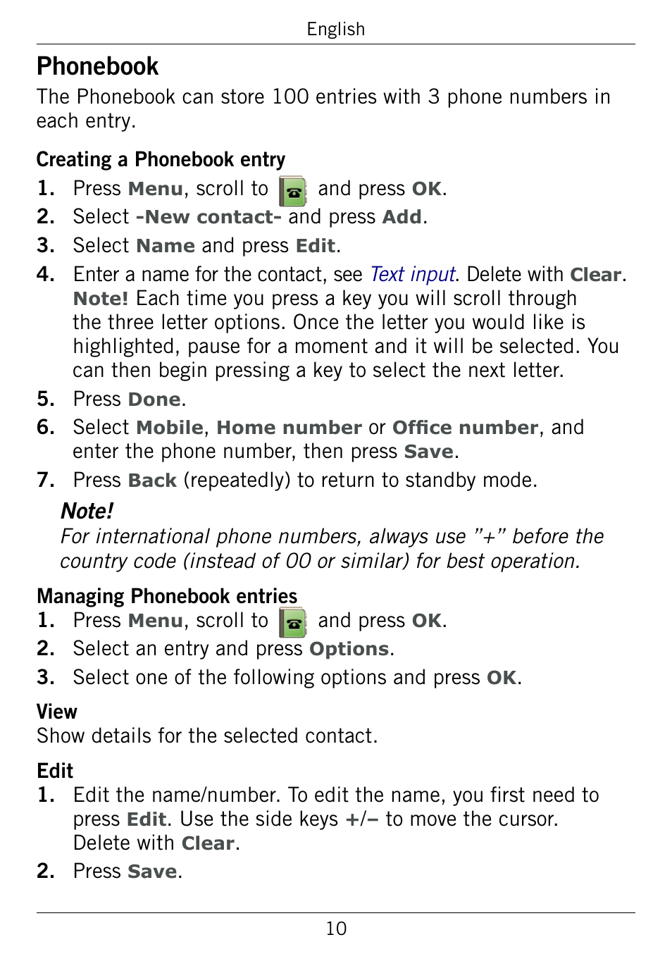 Phonebook | Doro 345GSM User Manual | Page 13 / 100