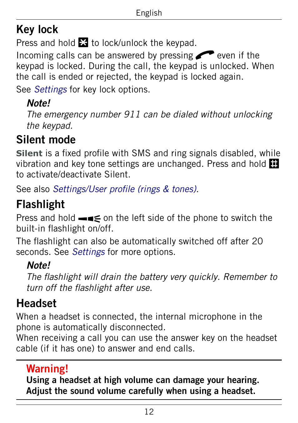 Key lock, Silent mode, Flashlight | Headset, Key.lock, Silent.mode, Warning | Doro 345GSM User Manual | Page 15 / 100