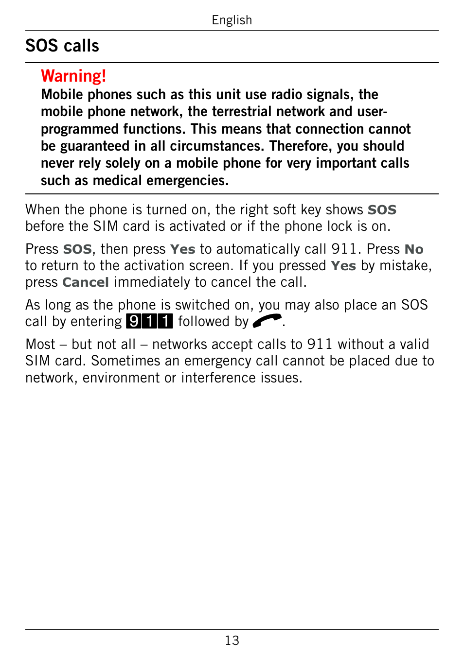 Sos calls, Sos.calls, Warning | Doro 345GSM User Manual | Page 16 / 100