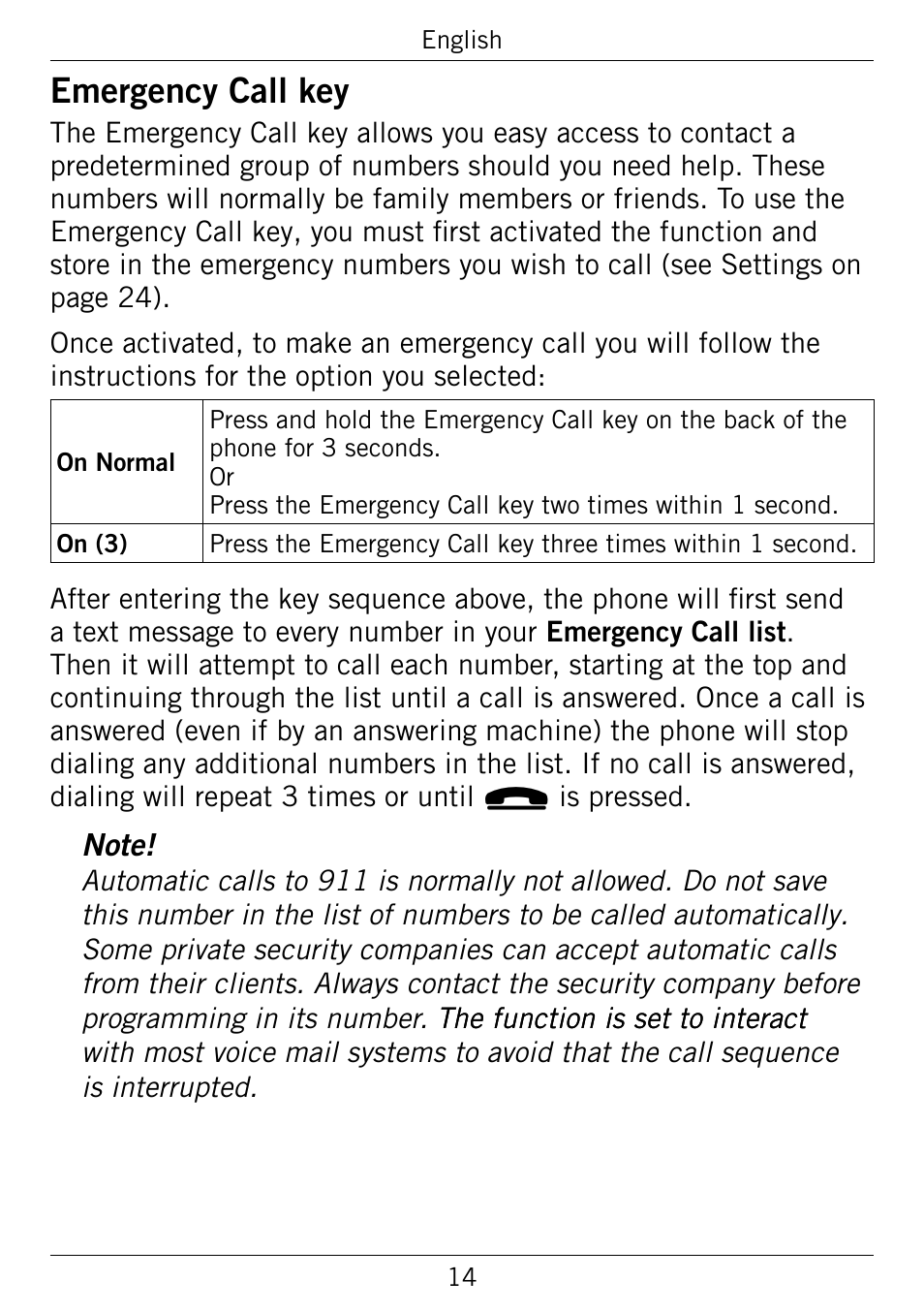 Emergency call key, Emergency.call.key | Doro 345GSM User Manual | Page 17 / 100