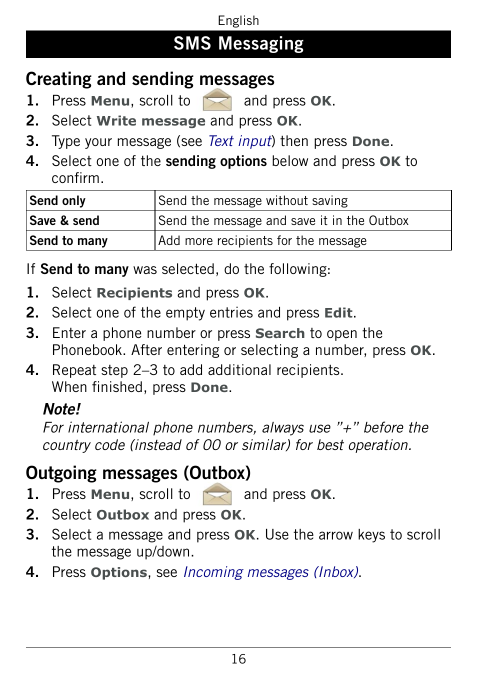 Sms messaging, Creating and sending messages, Outgoing messages (outbox) | Sms.messaging, Sms.messaging creating.and.sending.messages | Doro 345GSM User Manual | Page 19 / 100