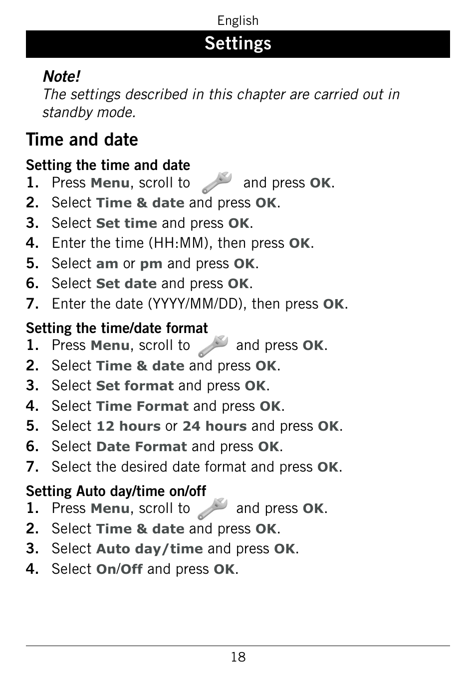 Settings, Time and date, Time.and.date | Doro 345GSM User Manual | Page 21 / 100