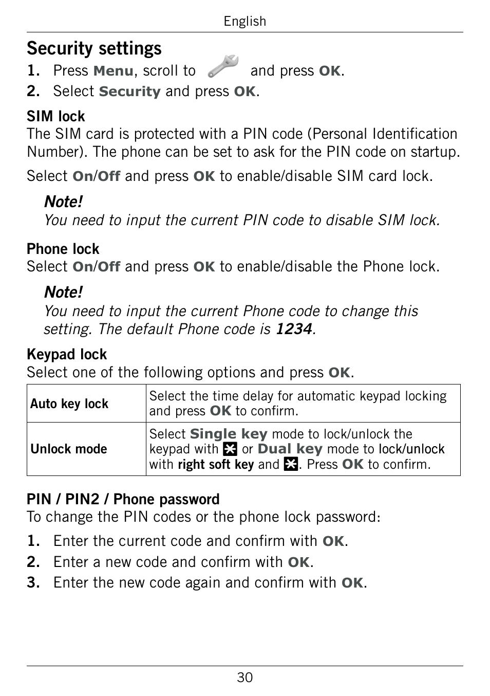 Security settings, Security.settings | Doro 345GSM User Manual | Page 33 / 100