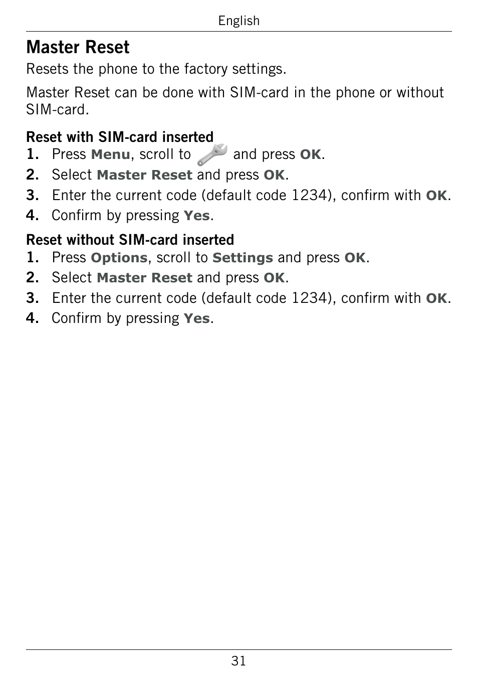 Master reset, Master.reset | Doro 345GSM User Manual | Page 34 / 100