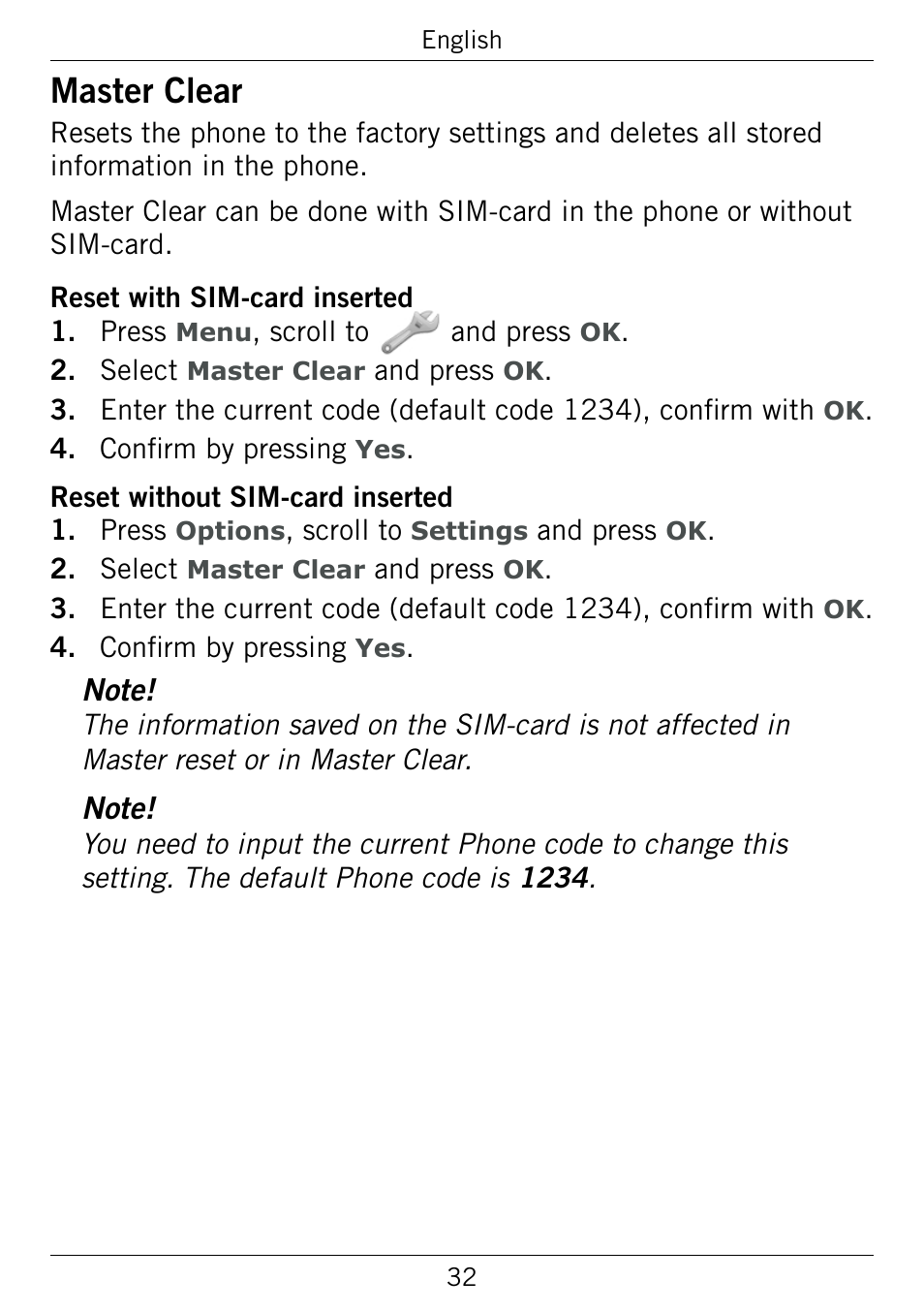 Master clear, Master.clear | Doro 345GSM User Manual | Page 35 / 100