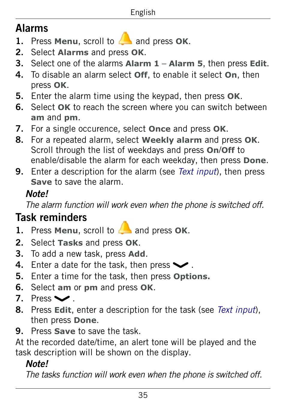 Alarms, Task reminders, Task.reminders | Doro 345GSM User Manual | Page 38 / 100