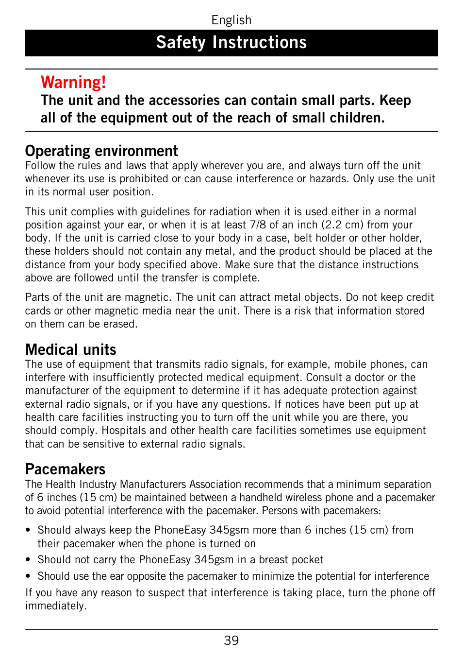Safety instructions, Safety.instructions, Warning | Operating.environment, Medical.units, Pacemakers | Doro 345GSM User Manual | Page 42 / 100