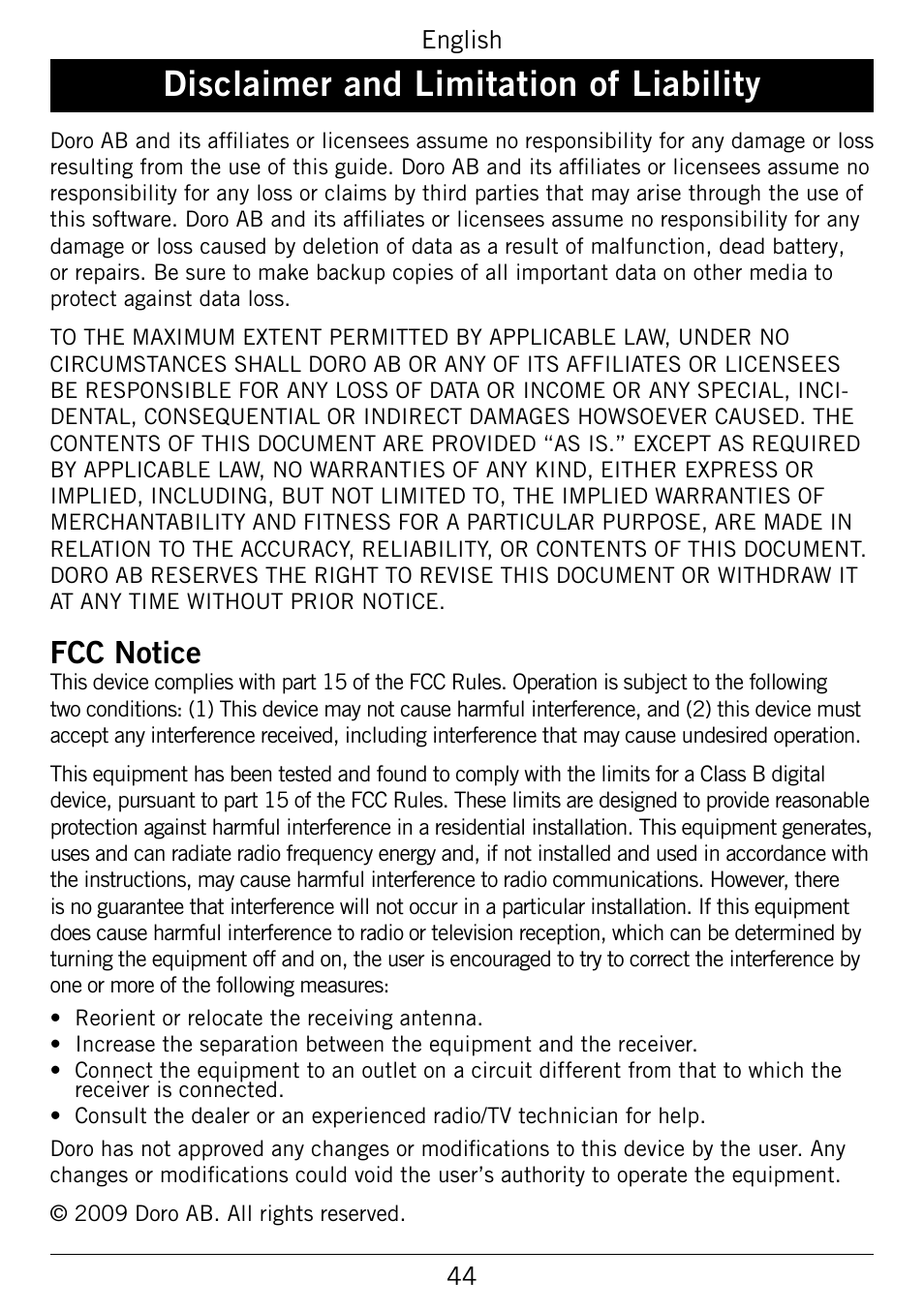 Disclaimer and limitation of liability, Disclaimer.and.limitation.of.liability, Fcc.notice | Doro 345GSM User Manual | Page 47 / 100