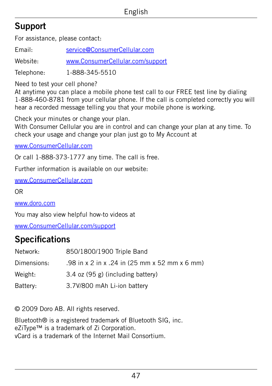 Support, Specifications | Doro 345GSM User Manual | Page 50 / 100