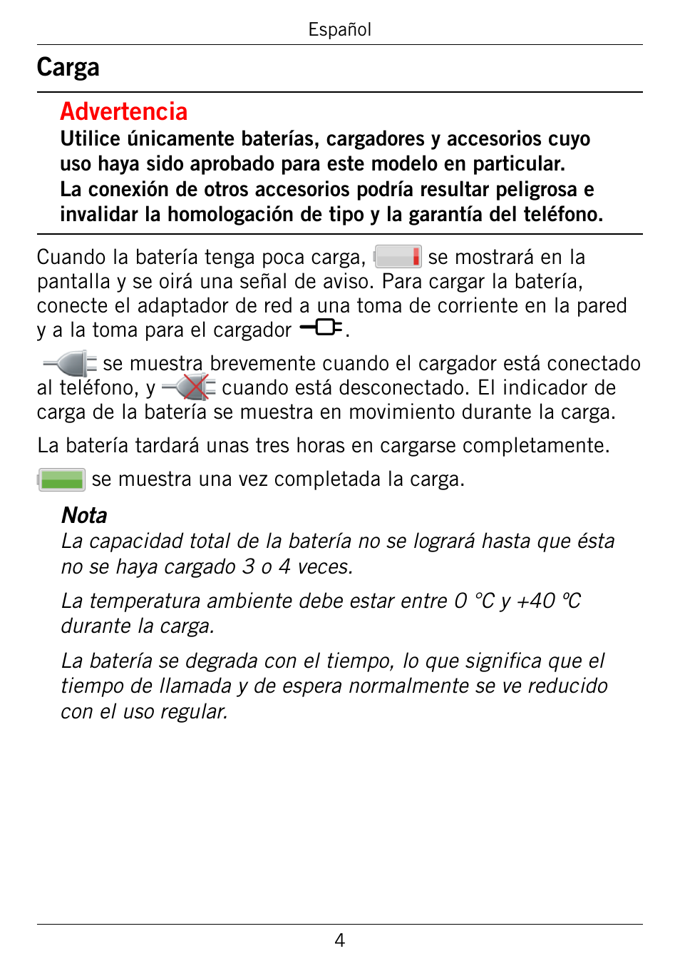 Carga, Advertencia | Doro 345GSM User Manual | Page 54 / 100