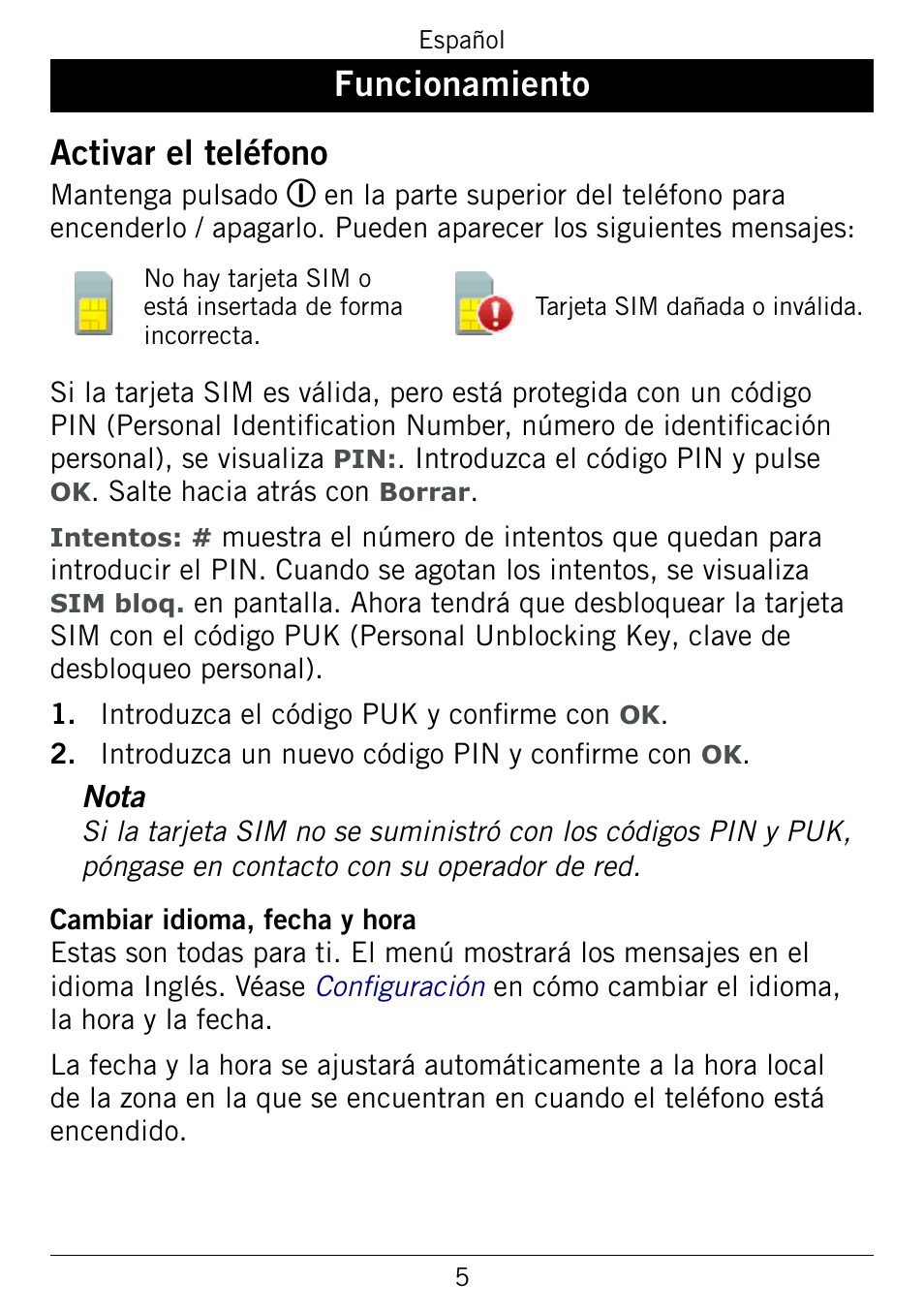 Funcionamiento, Activar el teléfono, Funcionamiento activar.el.teléfono | Doro 345GSM User Manual | Page 55 / 100