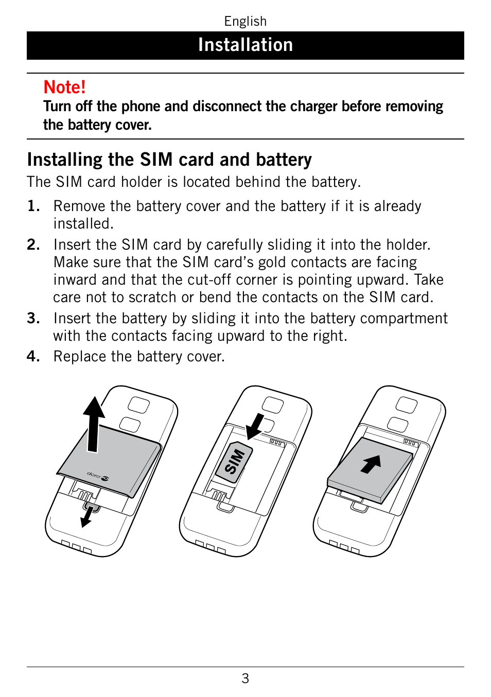 Installation, Installing the sim card and battery, Installing.the.sim.card.and.battery | Doro 345GSM User Manual | Page 6 / 100