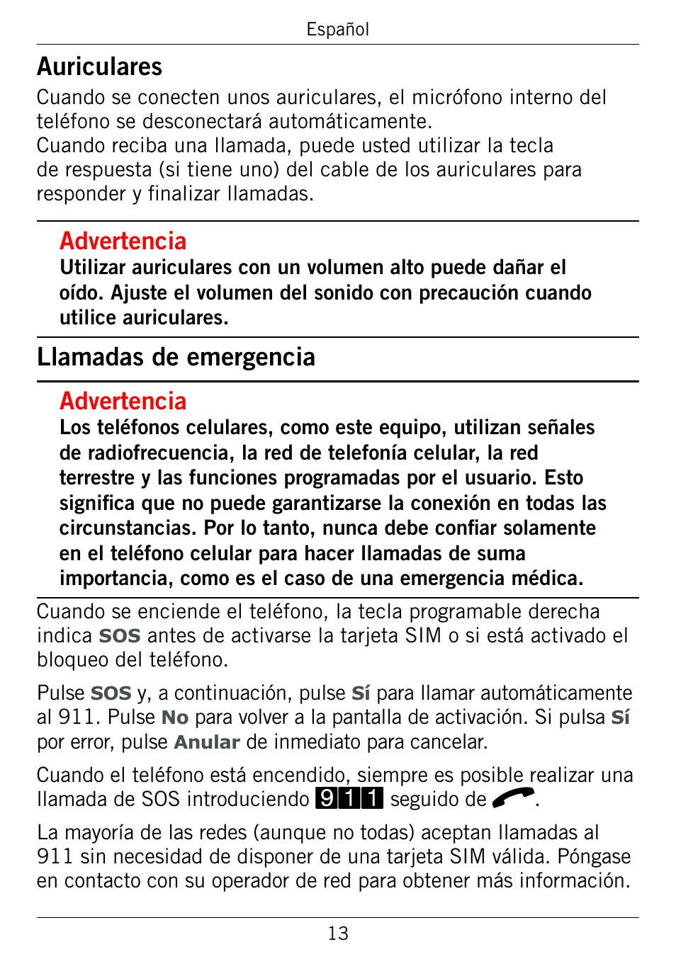 Auriculares, Llamadas.de.emergencia, Advertencia | Doro 345GSM User Manual | Page 63 / 100