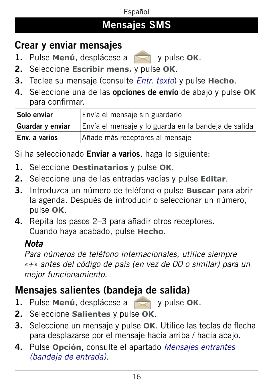 Mensajes.sms, Mensajes.sms crear.y.enviar.mensajes, Mensajes salientes (bandeja de salida) | Doro 345GSM User Manual | Page 66 / 100