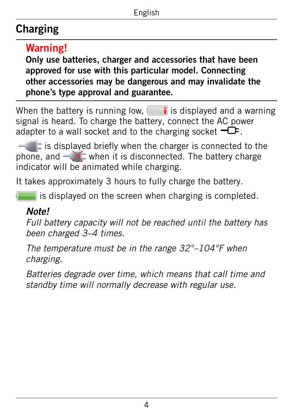 Charging, Warning | Doro 345GSM User Manual | Page 7 / 100