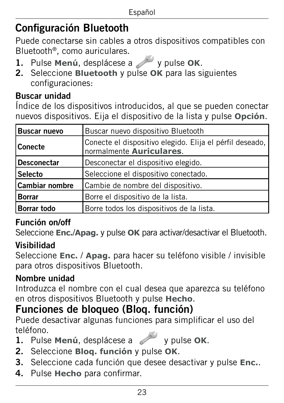 Configuración bluetooth, Funciones de bloqueo (bloq. función) | Doro 345GSM User Manual | Page 73 / 100