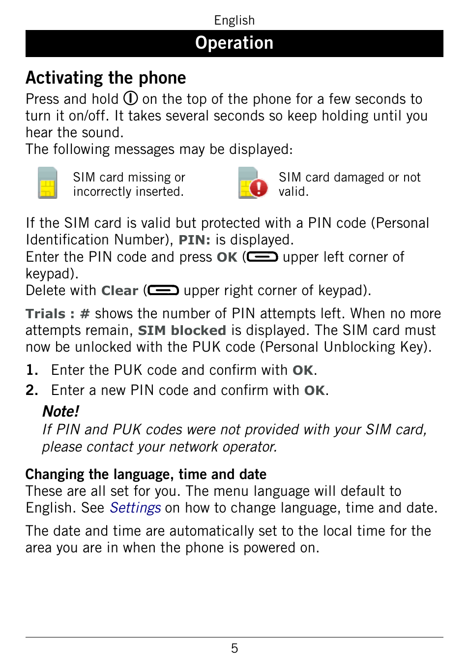 Operation, Activating the phone, Operation activating.the.phone | Doro 345GSM User Manual | Page 8 / 100