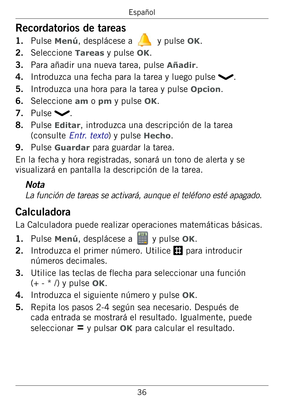 Recordatorios de tareas, Calculadora, Recordatorios.de.tareas | Doro 345GSM User Manual | Page 86 / 100