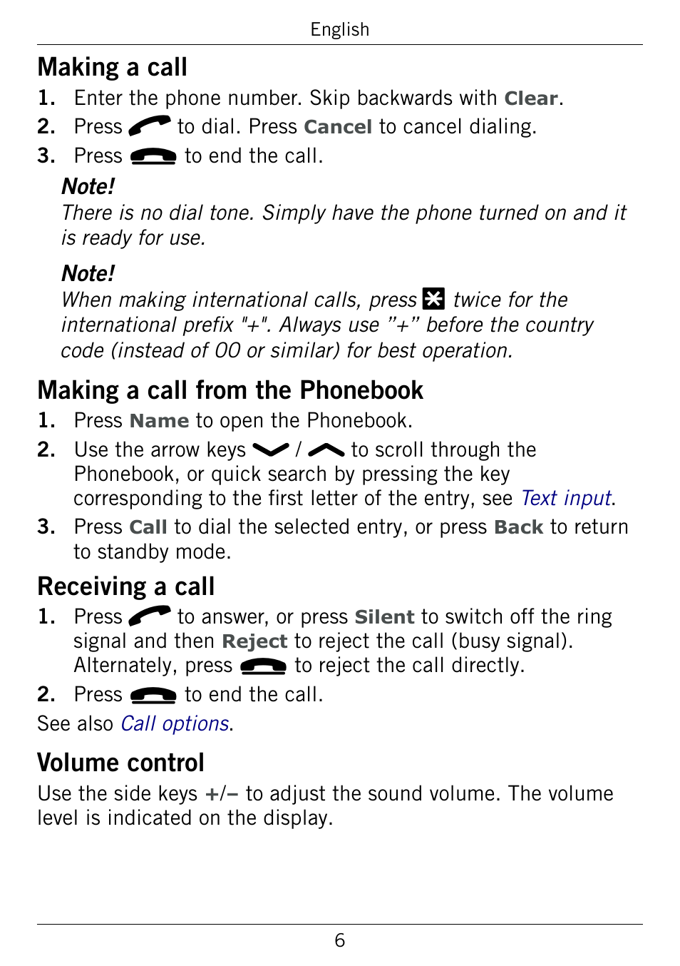 Making a call, Making a call from the phonebook, Receiving a call | Volume control, Making.a.call, Making.a.call.from.the.phonebook, Receiving.a.call, Volume.control | Doro 345GSM User Manual | Page 9 / 100