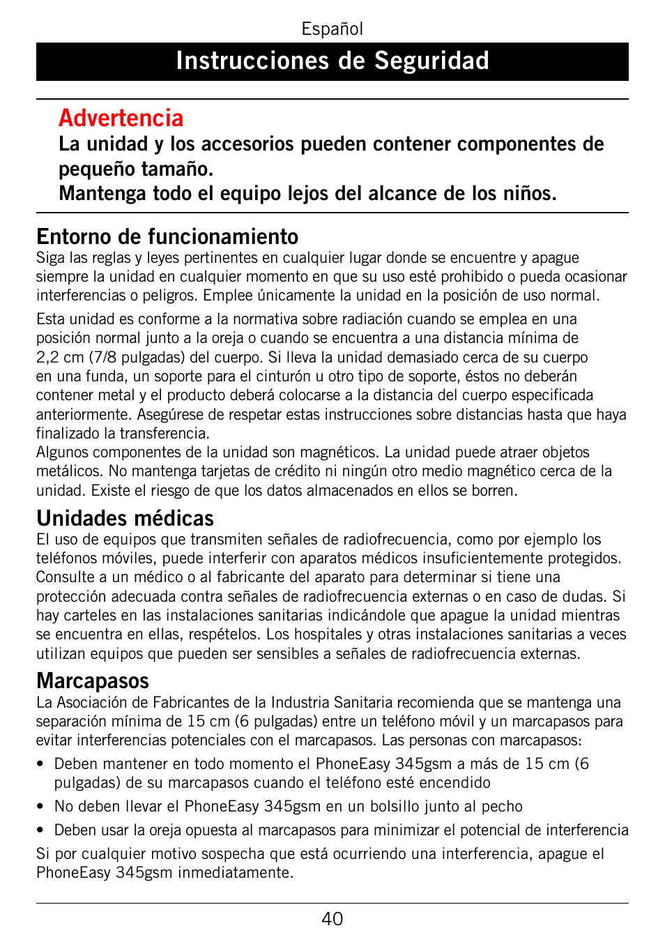 Instrucciones.de.seguridad, Advertencia, Entorno.de.funcionamiento | Unidades.médicas, Marcapasos | Doro 345GSM User Manual | Page 90 / 100