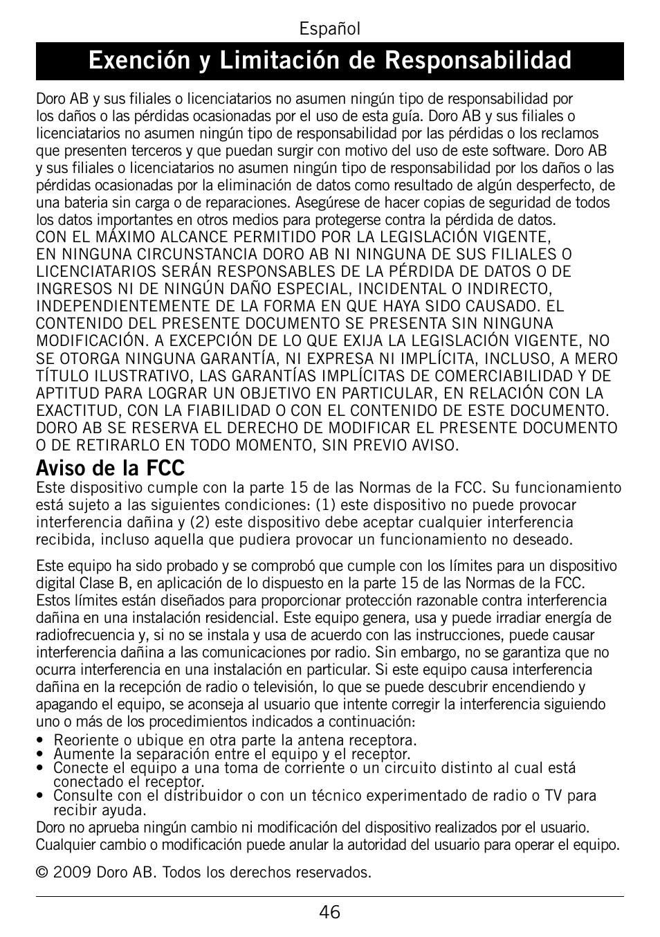 Exención.y.limitación.de.responsabilidad, Aviso.de.la.fcc | Doro 345GSM User Manual | Page 96 / 100