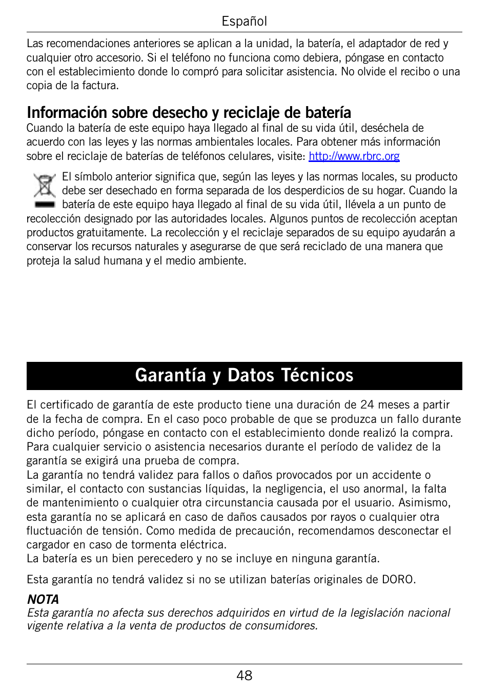 Garantía.y.datos.técnicos, Información.sobre.desecho.y.reciclaje.de.batería | Doro 345GSM User Manual | Page 98 / 100