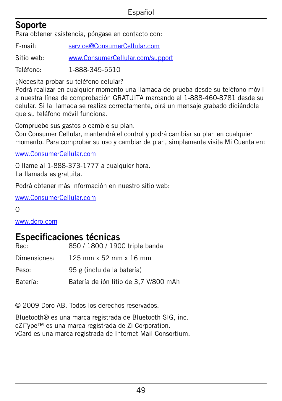 Soporte, Especificaciones técnicas | Doro 345GSM User Manual | Page 99 / 100