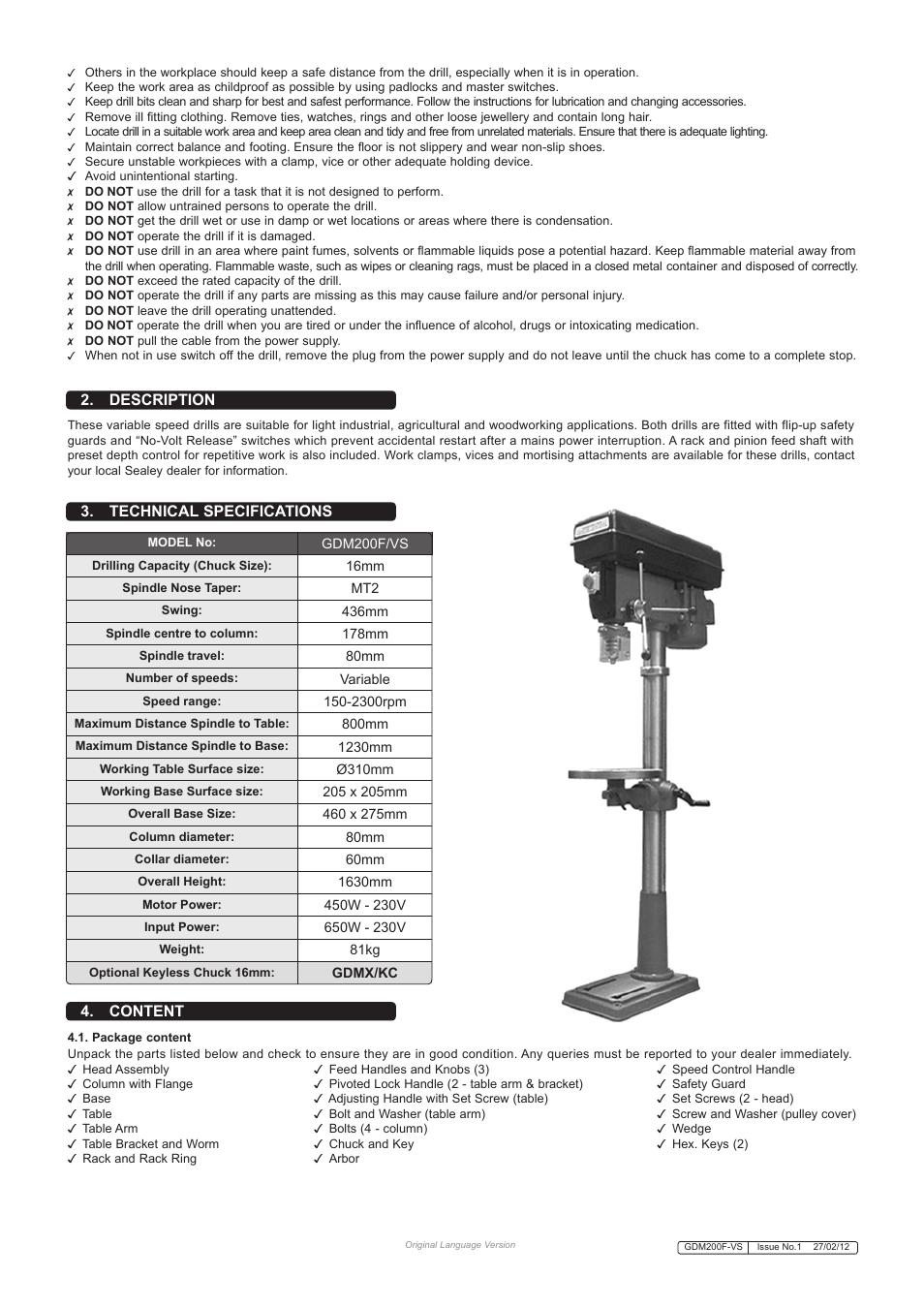 Technical specifications 2. description, Content | Sealey GDM200F/VS User Manual | Page 2 / 4