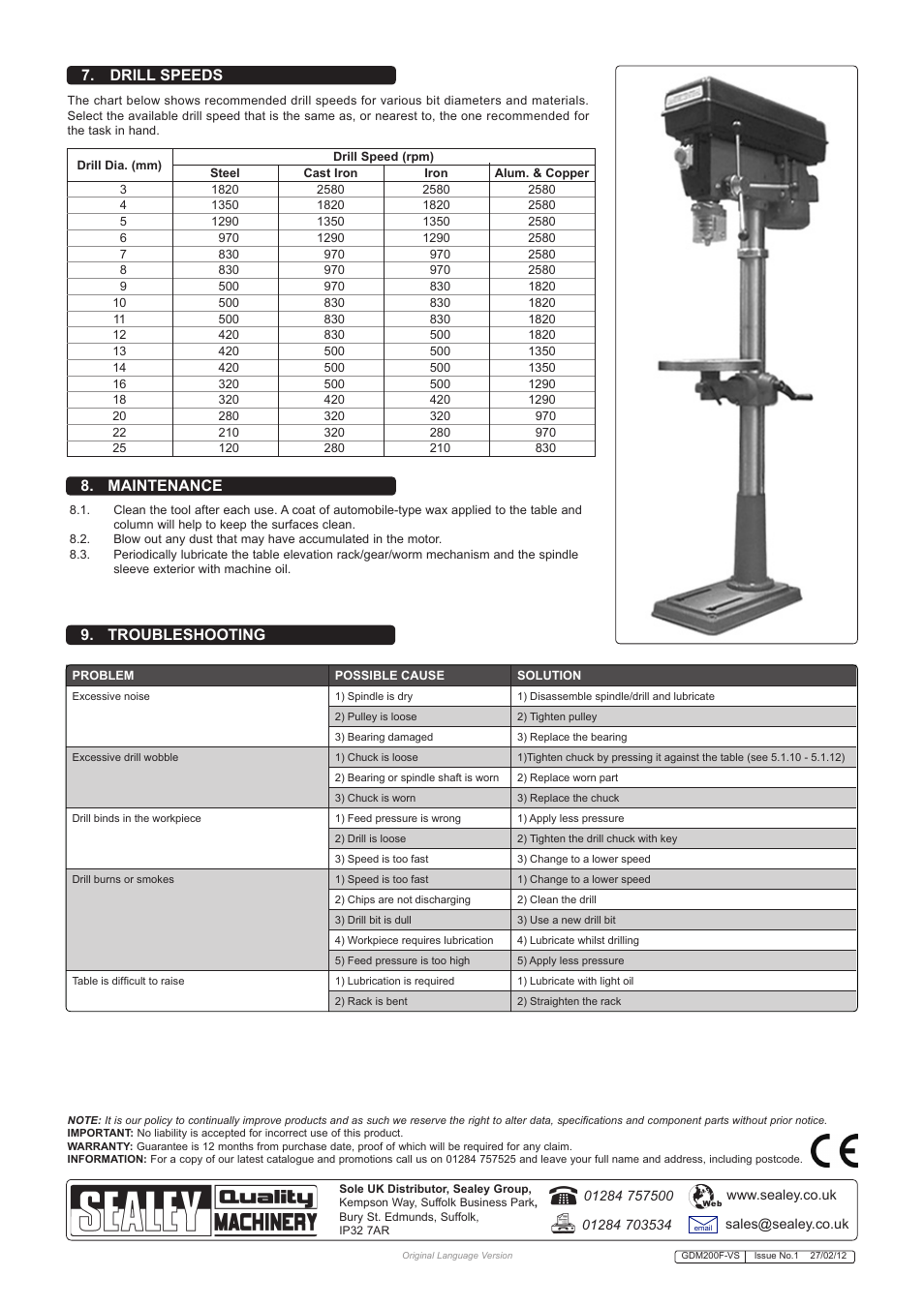 Maintenance 9. troubleshooting 7. drill speeds | Sealey GDM200F/VS User Manual | Page 4 / 4