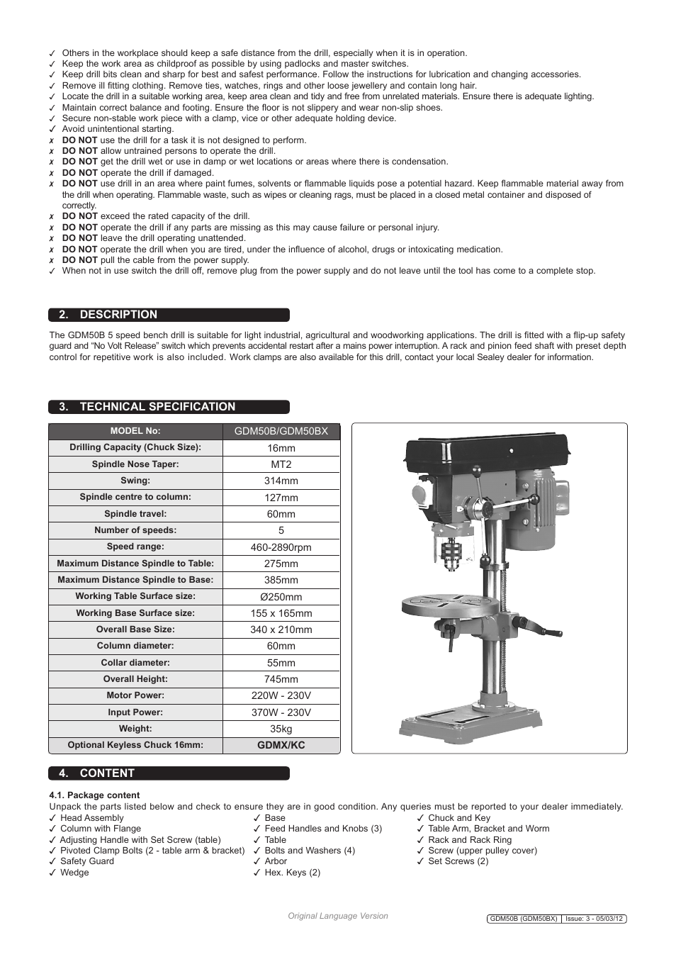Technical specification 2. description, Content | Sealey GDM50B User Manual | Page 2 / 4