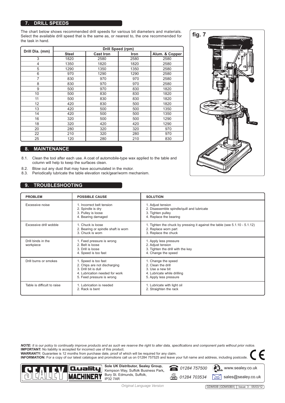 Fig. 7, Troubleshooting, Maintenance 7. drill speeds | Sealey GDM50B User Manual | Page 4 / 4