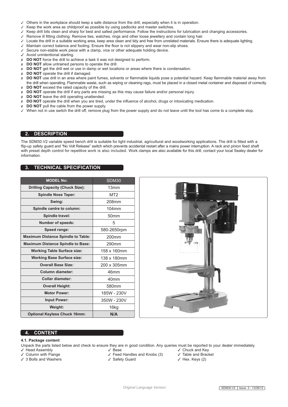 Technical specification 2. description, Content | Sealey SDM30 User Manual | Page 2 / 4