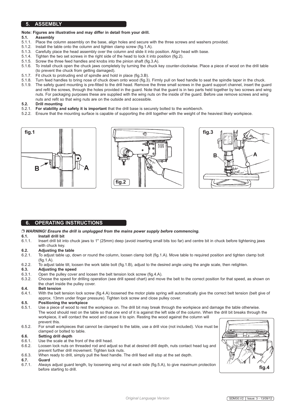 Operating instructions, Assembly fig.1 fig.2 fig.3 fig.4 | Sealey SDM30 User Manual | Page 3 / 4