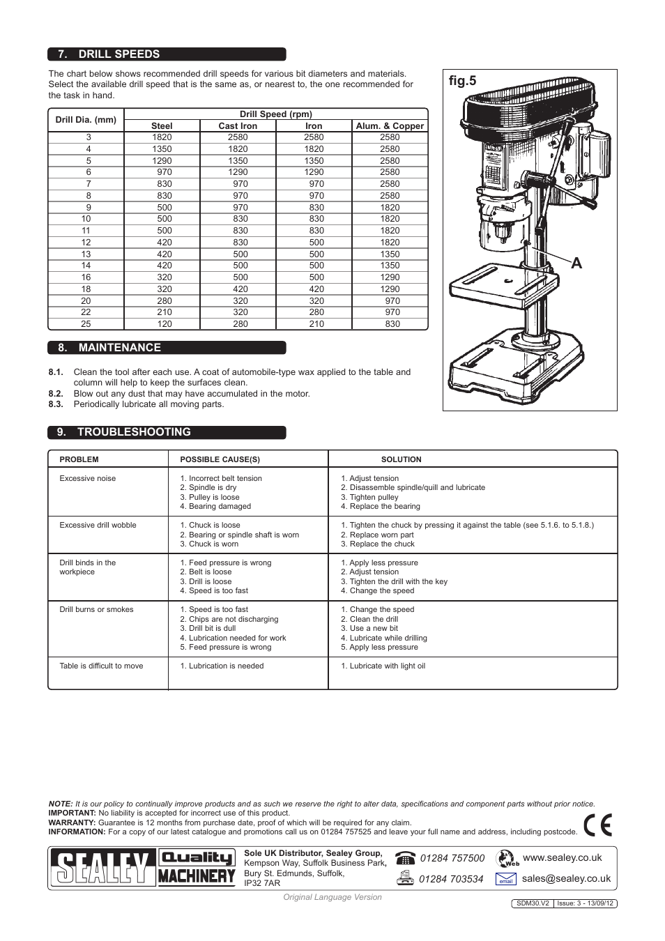 Fig.5, Troubleshooting, Maintenance 7. drill speeds | Sealey SDM30 User Manual | Page 4 / 4