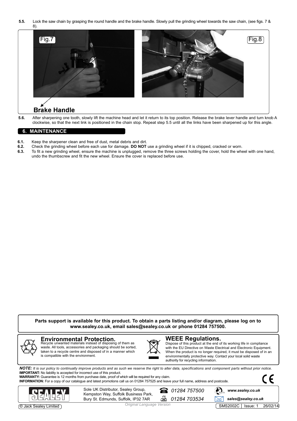 Environmental protection, Weee regulations, Fig.7 fig.8 | Maintenance | Sealey SMS2002C User Manual | Page 4 / 4