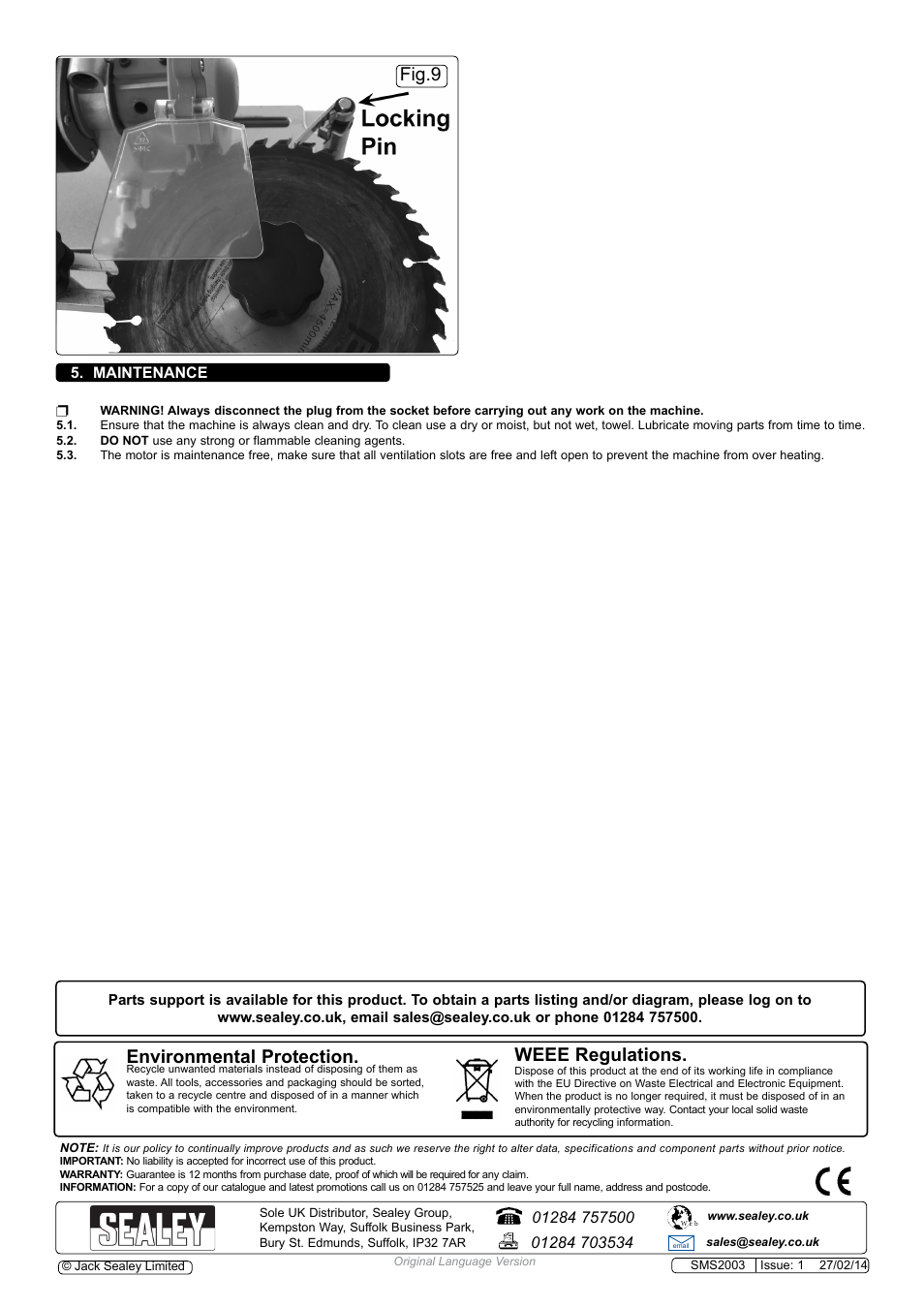 Environmental protection, Weee regulations, Fig.9 | Maintenance | Sealey SMS2003 User Manual | Page 5 / 5