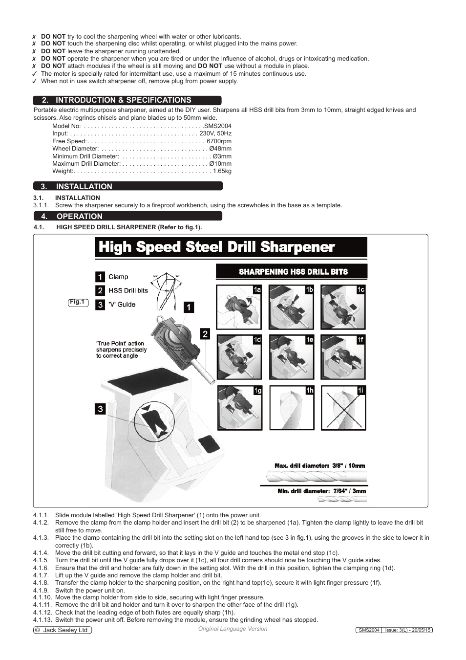 Introduction & specifications, Installation 4. operation, Safety | Sealey SMS2004 User Manual | Page 2 / 4