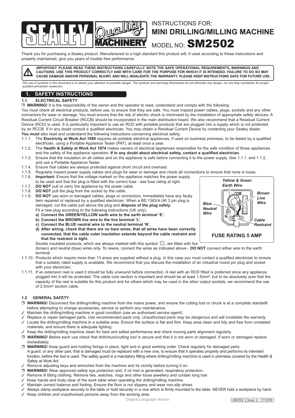 Sm2502, Mini drilling/milling machine, Instructions for | Model no, Safety instructions, Fuse rating 5 amp | Sealey SM2502 User Manual | Page 2 / 7