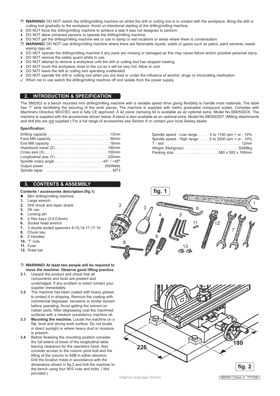 Fig. 1 fig. 2, Introduction & specification, Contents & assembly | Sealey SM2502 User Manual | Page 3 / 7