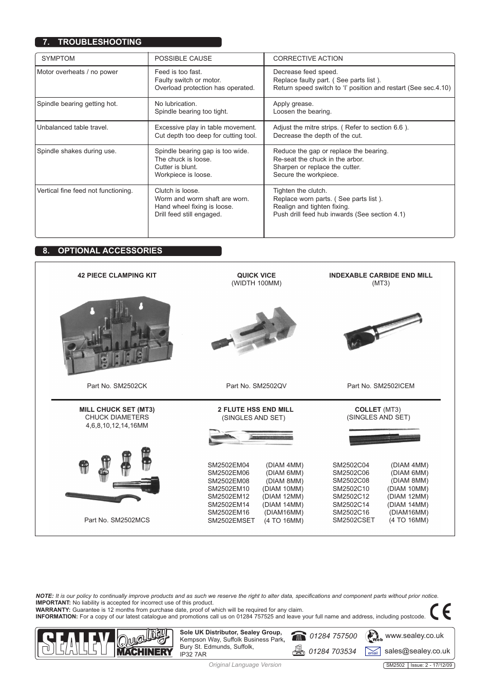 Troubleshooting 8. optional accessories | Sealey SM2502 User Manual | Page 7 / 7