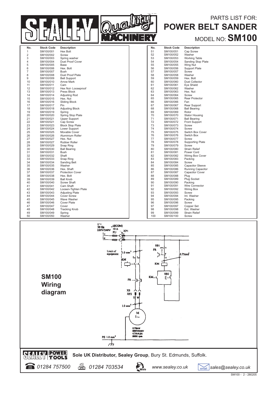 Sm100, Power belt sander, Sm100 wiring diagram | Parts list for, Model no, Sales@sealey.co.uk | Sealey SM100 User Manual | Page 6 / 6