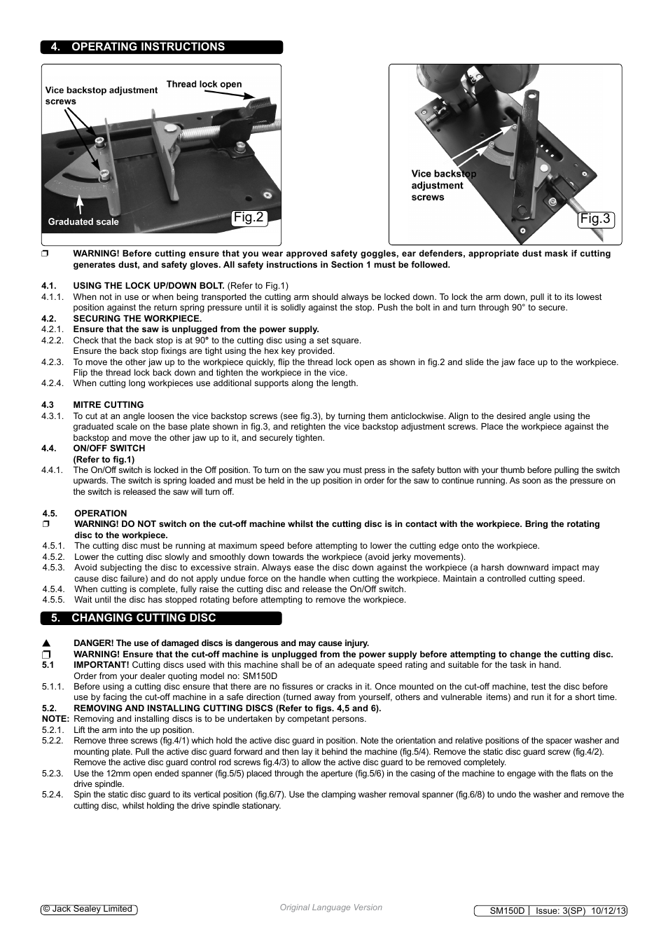 Fig.2 fig.3, Operating instructions, Changing cutting disc | Sealey SM150D User Manual | Page 3 / 4