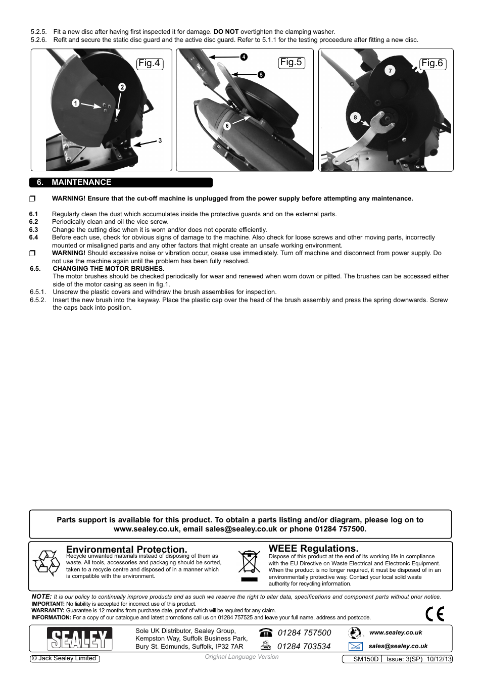 Environmental protection, Weee regulations, Fig.4 fig.6 fig.5 | Maintenance | Sealey SM150D User Manual | Page 4 / 4