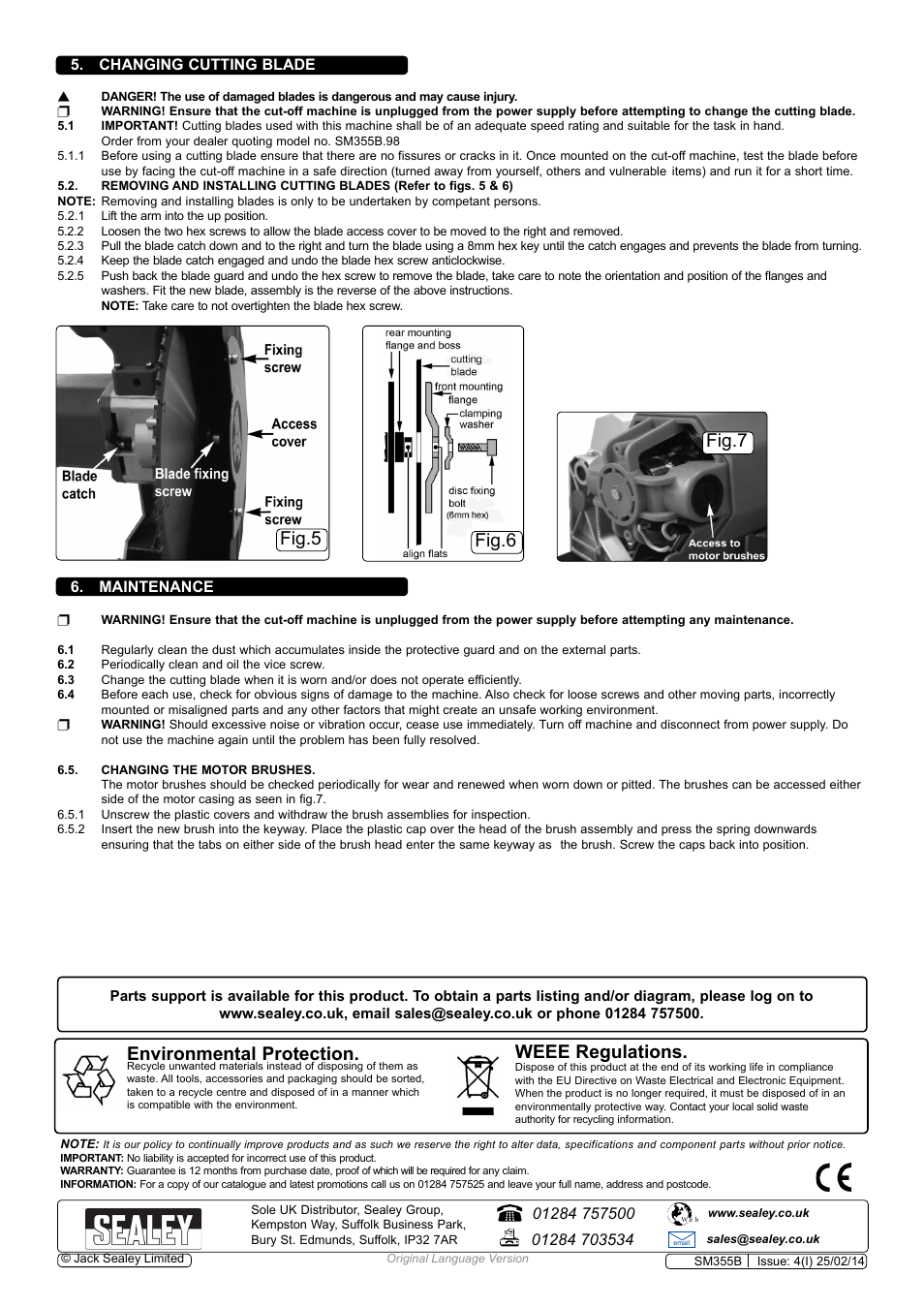 Fig.5 fig.6 fig.7, Environmental protection, Weee regulations | Changing cutting blade, Maintenance | Sealey SM355B User Manual | Page 4 / 4