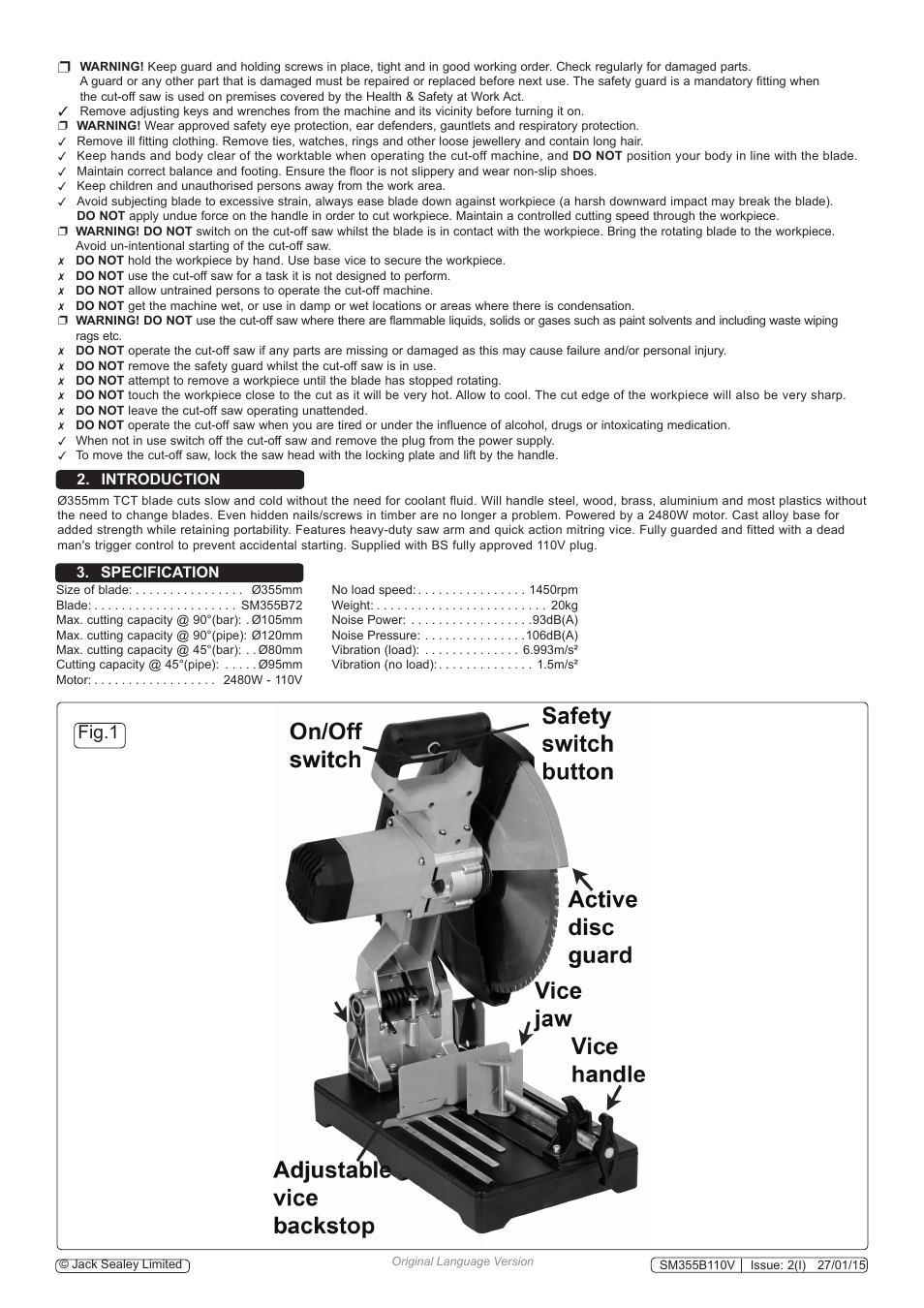 Fig.1, Introduction 3. specification | Sealey SM355B110V User Manual | Page 2 / 4
